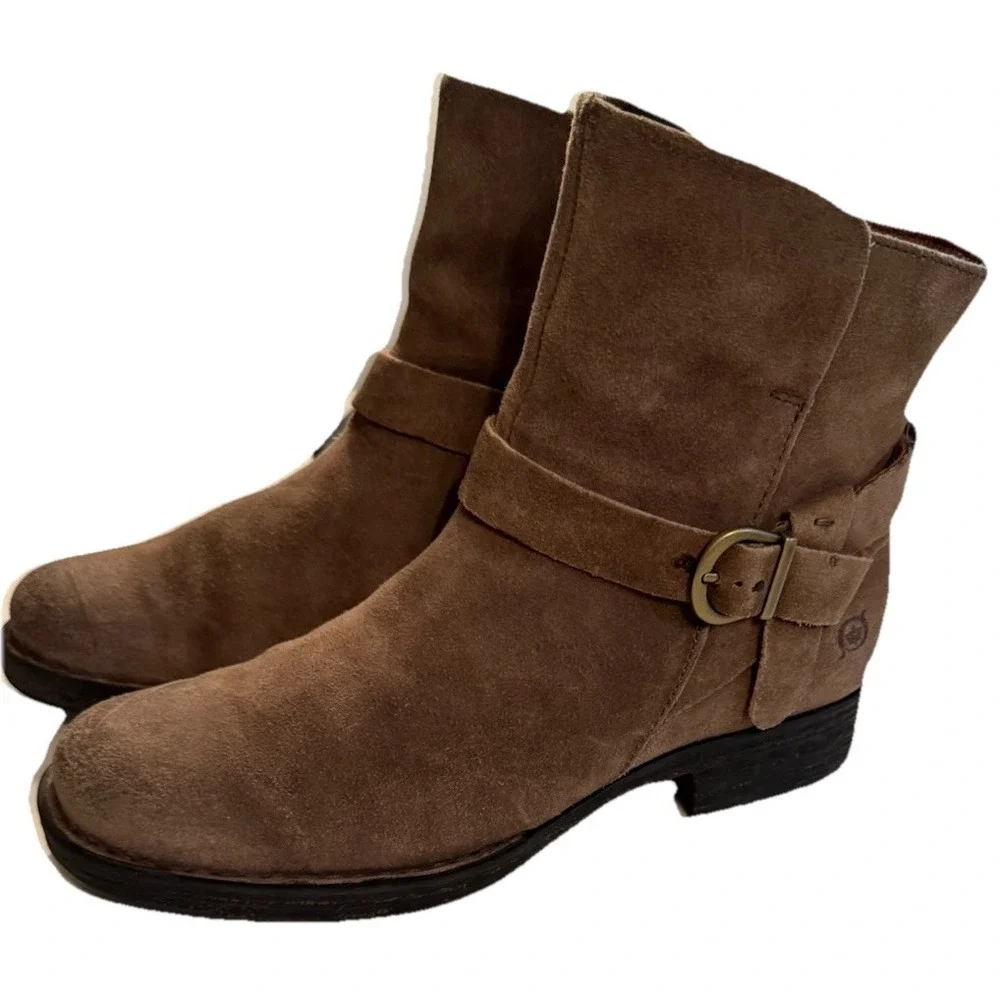 Born Shoes Womens Size 8.5 Brown Suede Syd Buckle Strap Ankle Boots‎ Plaid Lined
